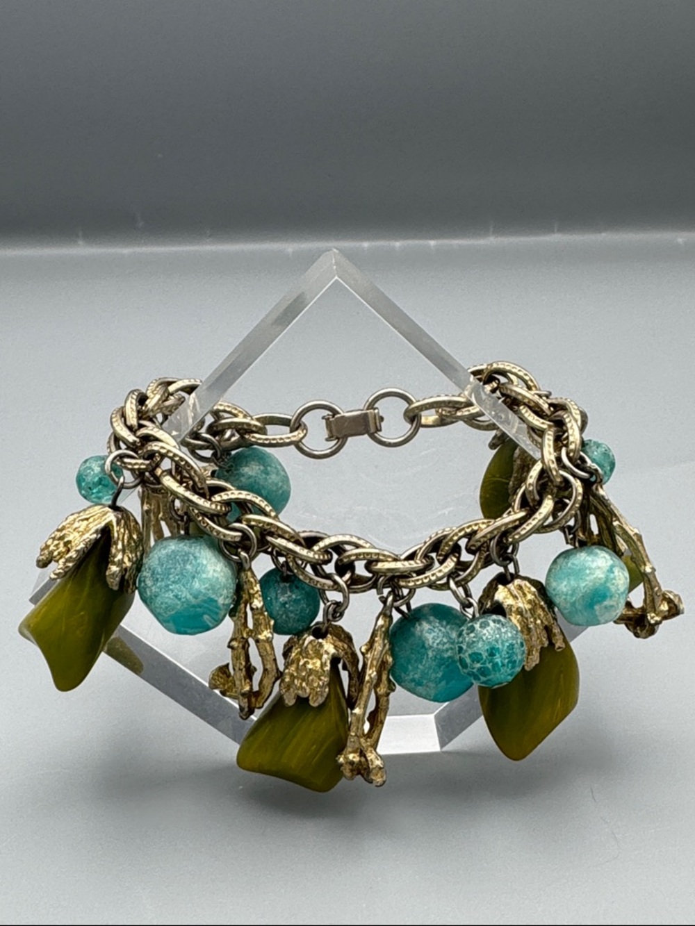 Gold-Tone Charm Bracelet with Teal and Olive Beads